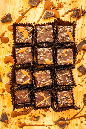 Sweet dessert with Chocolate brownies cake on wood cutting board - Filter Processing