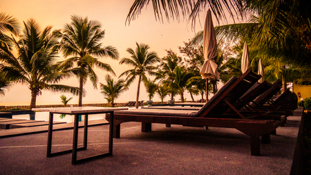 Silhouette coconut palm tree around outdoor swimming pool in hotel and resort at Sunrise timeの写真素材