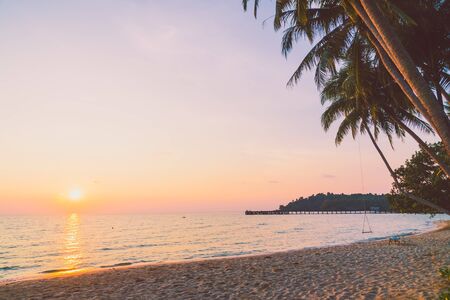 Beautiful tropical coconut palm tree  on sky with sea and beach - Vintage Filterの写真素材