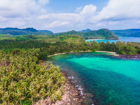 Aerial view of beautiful beach and sea with coconut palm tree on blue sky in the paradise islandの写真素材