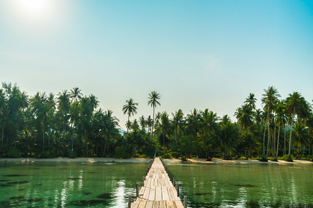 Wood bridge or pier on the beach and sea in paradise island around with coconut palm tree - Holiday Vacation and Travel conceptの写真素材