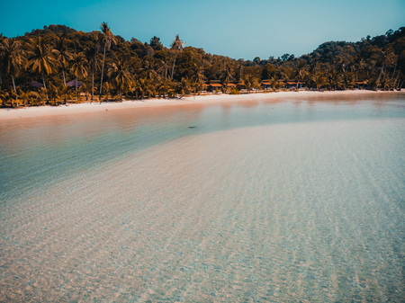 Beautiful nature tropical beach and sea with kayak boat and coconut palm tree on paradise island for travel vacationの写真素材