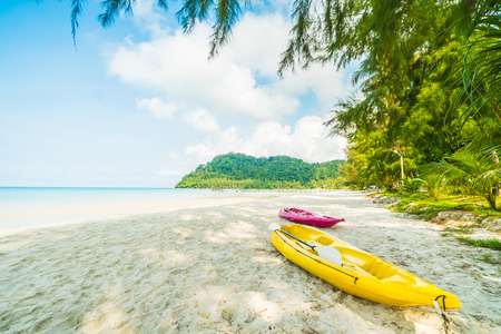 Kayak boat on the Beautiful tropical beach and sea with coconut palm tree in paradise island for travel and vacationの写真素材