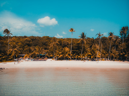 Beautiful nature tropical beach and sea with kayak boat and coconut palm tree on paradise island for travel vacationの写真素材