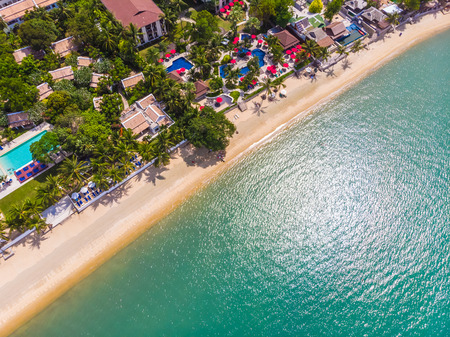 Aerial view of beautiful tropical beach and sea with palm and other tree in koh samui island for travel and vacationの写真素材
