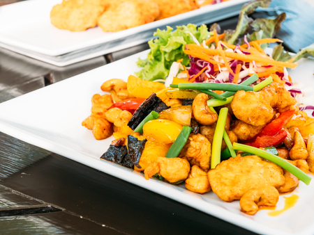 Fried chicken with cashew nut in white plate - Thai food styleの写真素材