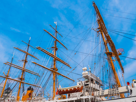 YOKOHAMA JAPAN - JULY 25 2018 : Beautiful Nippon-maru A sailing boat with blue sky in Yokohama city...