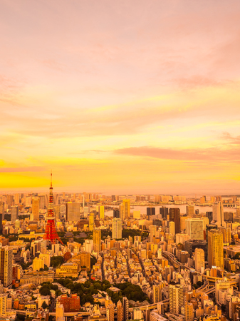 Beautiful Aerial view of architecture and tokyo tower building around city at sunset time in japanのeditorial素材