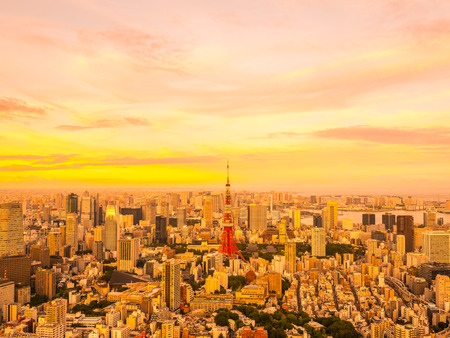 Beautiful Aerial view of architecture and tokyo tower building around city at sunset time in japanのeditorial素材