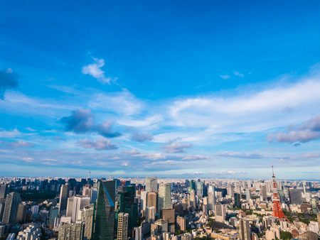 Beautiful Architecture and building around tokyo city with tokyo tower in japan with blue sky and white cloudのeditorial素材