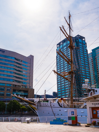 YOKOHAMA JAPAN - JULY 25 2018 : Beautiful Nippon-maru A sailing boat with blue sky in Yokohama city Japanのeditorial素材