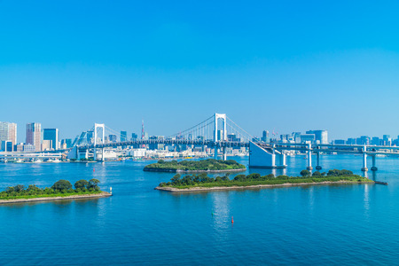 Beautiful architecture building cityscape of tokyo city with rainbow bridge in japanのeditorial素材