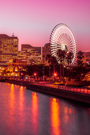 Beautiful architecture building of yokohama city skyline at twilight in Japanのeditorial素材