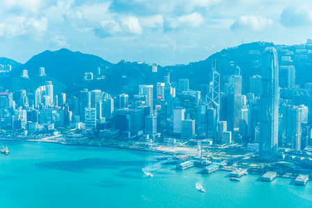 Beautiful architecture building exterior cityscape of hong kong city skyline with blue sky...