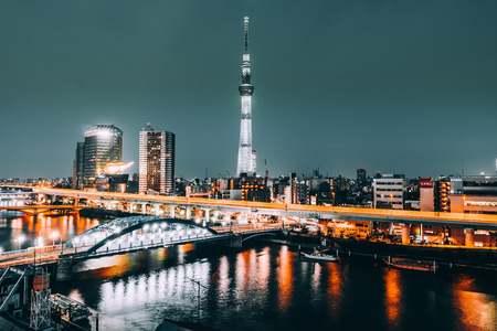 Tokyo, Japan - Aug 3, 2018 : Beautiful architecture building in tokyo city with tokyo sky treeのeditorial素材