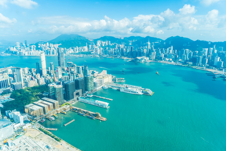 Beautiful architecture building exterior cityscape of hong kong city skyline with blue sky backgroundのeditorial素材