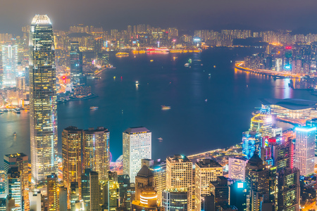 Beautiful architecture building exterior cityscape of hong kong city skyline at twilight and night