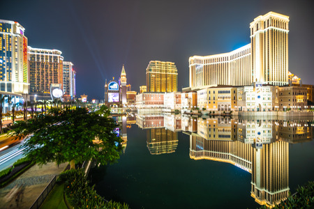 Beautiful architecture building of venetian and other hotel resort and casino in macau city at nightのeditorial素材