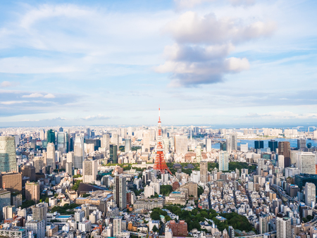 Beautiful Architecture and building around tokyo city with tokyo tower in japan with blue sky and white cloudのeditorial素材
