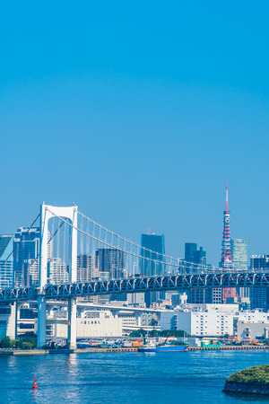 Beautiful architecture building cityscape of tokyo city with rainbow bridge in japanのeditorial素材