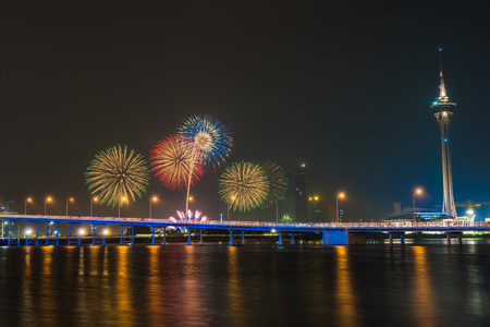 Beautiful firework with macau tower in the city at nightのeditorial素材