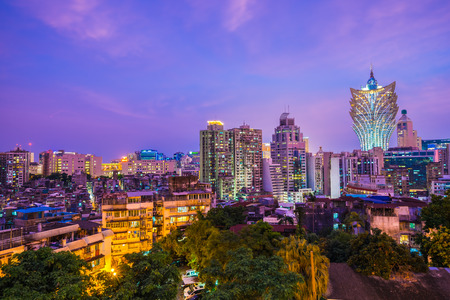 Beautiful architecture building cityscape of macau city at twilight nightのeditorial素材