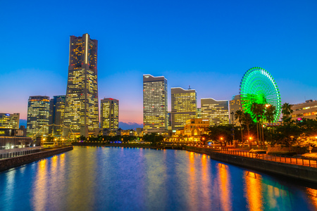 Beautiful architecture building of yokohama city skyline at twilight in Japanのeditorial素材
