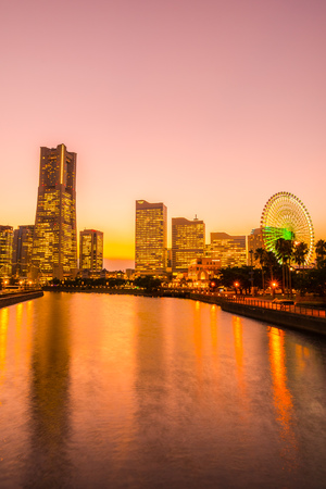 Beautiful architecture building of yokohama city skyline at twilight in Japanのeditorial素材