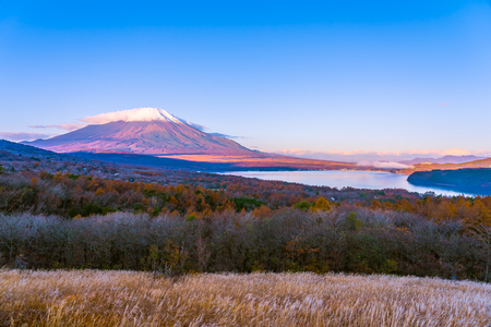 Beautiful landscape of fuji mountain in yamanakako or yamanaka lake in autumn season Japanの写真素材