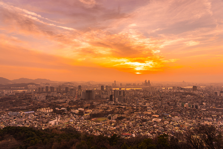 Beautiful landscape and cityscape with architecture and building at sunset time in Seoul city South Koreaの写真素材