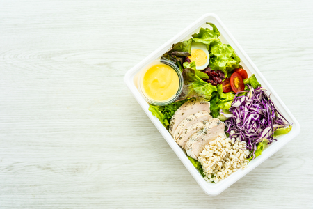 Grilled chicken meat breast with fresh vegetable salad - Healthy food styleの写真素材