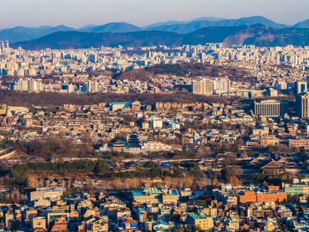 Beautiful Architecture building cityscape with tower in Seoul city South Koreaの写真素材