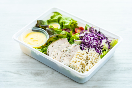 Grilled chicken meat breast with fresh vegetable salad - Healthy food styleの写真素材