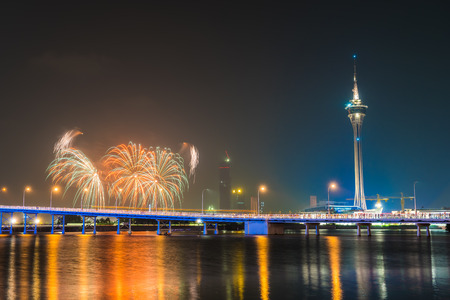 Beautiful firework with macau tower in the city at nightのeditorial素材