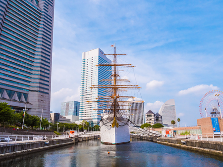 YOKOHAMA JAPAN - JULY 25 2018 : Beautiful Nippon-maru A sailing boat with blue sky in Yokohama city Japanのeditorial素材