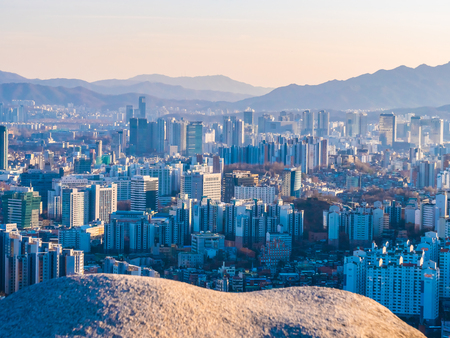 Beautiful Architecture building cityscape with tower in Seoul city South Koreaのeditorial素材