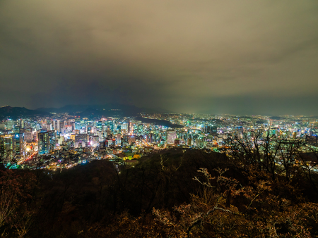 Beautiful architecture building around Seoul city at night in South Koreaの写真素材