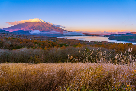 Beautiful landscape of fuji mountain in yamanakako or yamanaka lake in autumn season Japanの写真素材