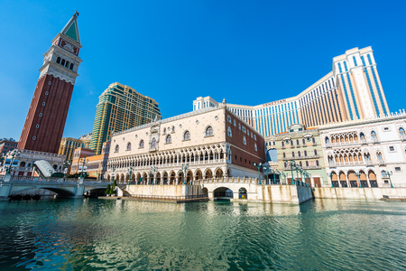 Beautiful architecture building of venetian and other hotel resort and casino in macau city at nightのeditorial素材
