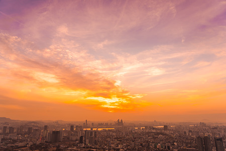 Beautiful landscape and cityscape with architecture and building at sunset time in Seoul city South...