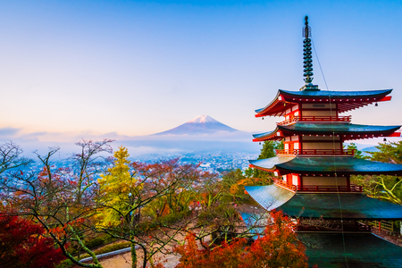 Beautiful landscape of mountain fuji with chureito pagoda around maple leaf tree in autumn season at Yamanashi Japanのeditorial素材