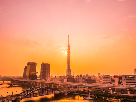 Beautiful cityscape with tokyo sky tree around architecture and building of tokyo city japan at...