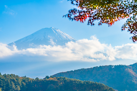 Beautiful landscape of mountain fuji with maple leaf tree around lake in Yamanashi Japanの写真素材