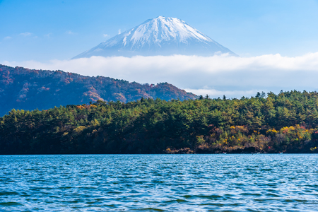 Beautiful landscape of mountain fuji with maple leaf tree around lake in autumn season Yamanashi Japanの写真素材