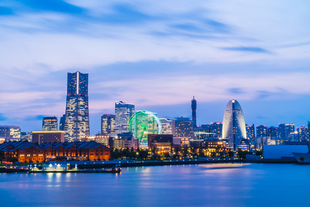 Beautiful exterior of building and architecture in Yokohama city skyline japan at nightのeditorial素材