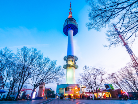 Beautiful architecture building N Seoul tower on namsan mountain landmark of Seoul City in South Koreaの写真素材