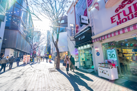 Seoul, South Korea 10 December 2018 : Myeong dong market is the popular place and district for shopping find something eat and sightseeingのeditorial素材