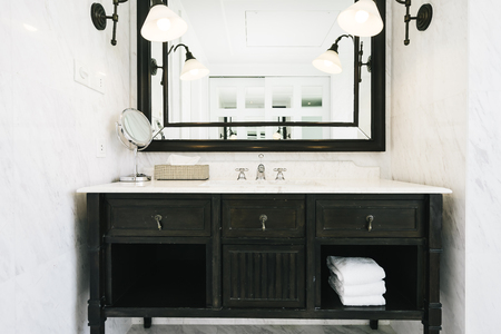 Beautiful luxury white and clean sink and facuet water interior of bathroomの写真素材