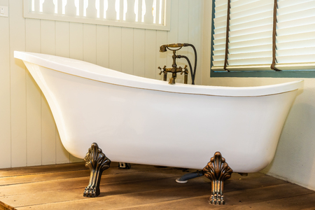 Beautiful luxury elegance white bathtub decoration interior of bathroom for spa relax conceptの写真素材