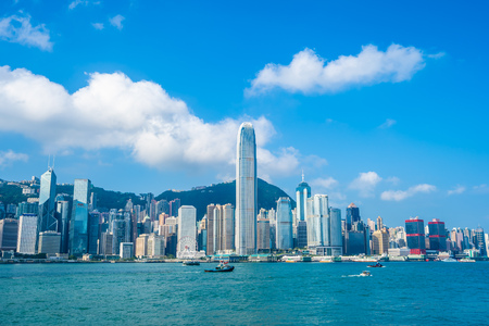 Beautiful architecture building exterior cityscape of hong kong city skyline with blue sky backgroundのeditorial素材
